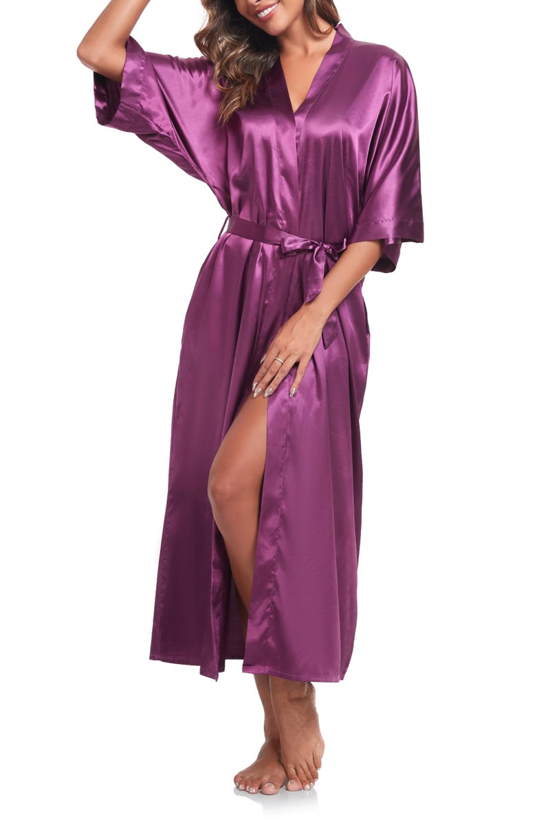 sunshinemall Women's Bridal Party Long Satin Bathrobe Kimono Nightgown Wedding Day Long Dress Gown - Image 1